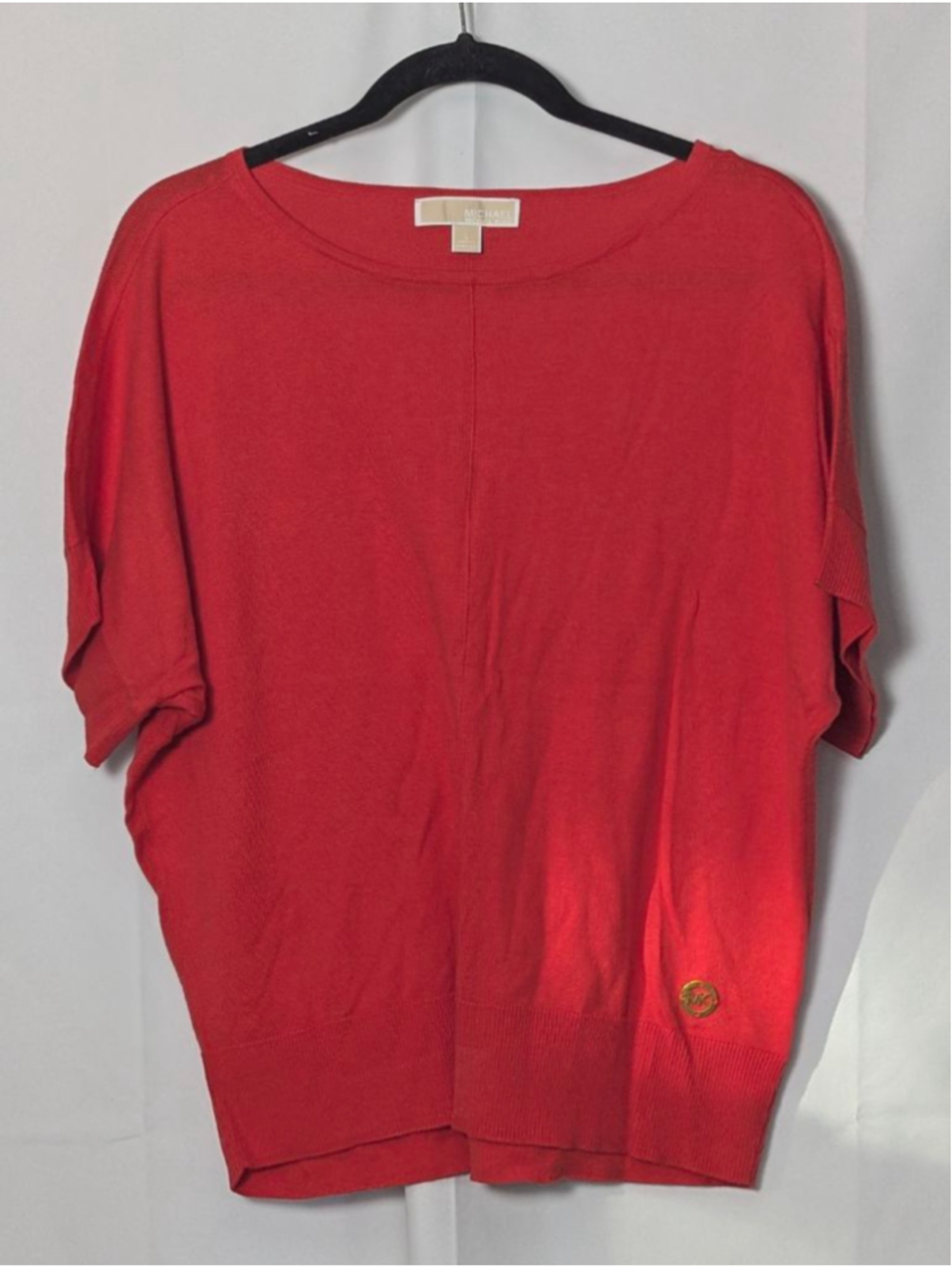 Michael Kors Red Short Sleeve Knit Top Gold Logo Size L